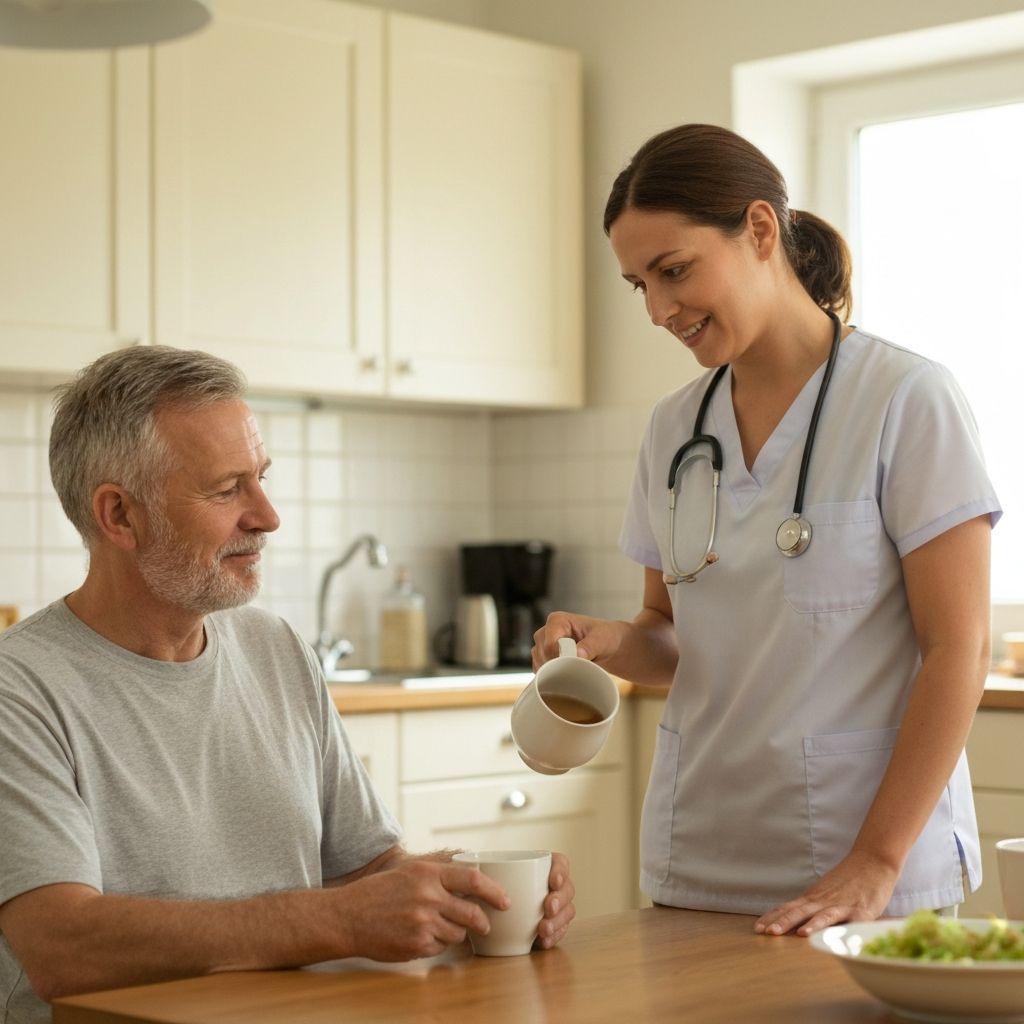 Pflegerin von ElbLicht serviert einem älteren Mann eine Tasse Tee